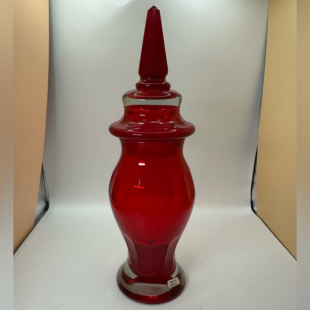 Elegant Red Glass Apothecary Jar. Made in Portugal.